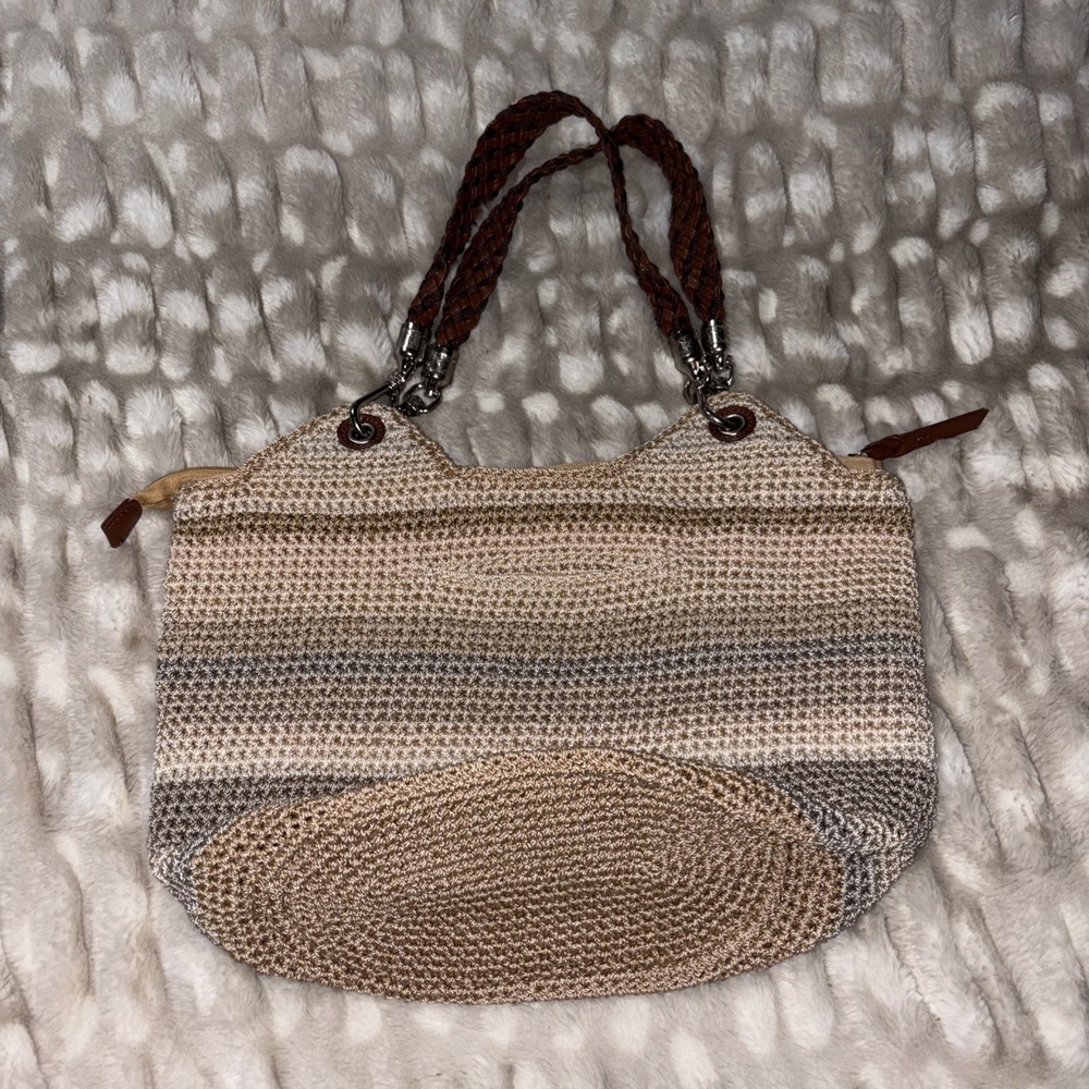 The Sak Crochet Indio Satchel Shoulder Bag Purse Handbag Sand Stripe Boho Hippie